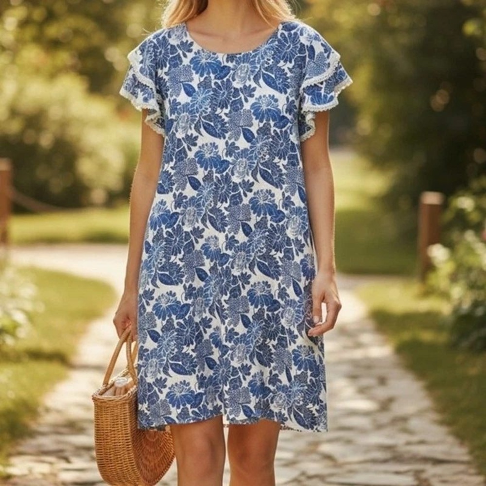 Luisa Perla Dress Women Large Blue Floral Linen Blend Flutter Sleeve Cottagecore